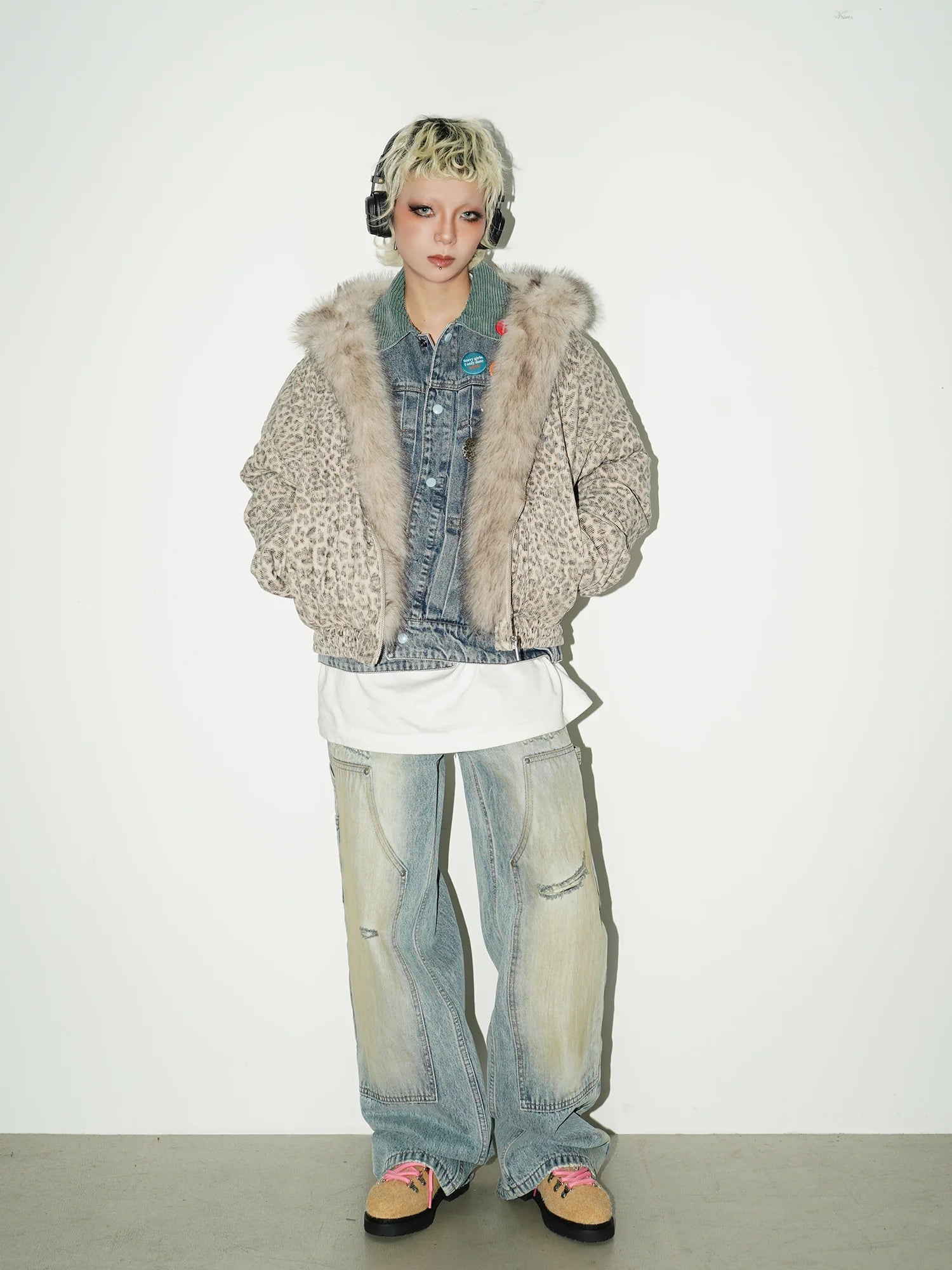 Leopard hoodie fur jacket FB7562