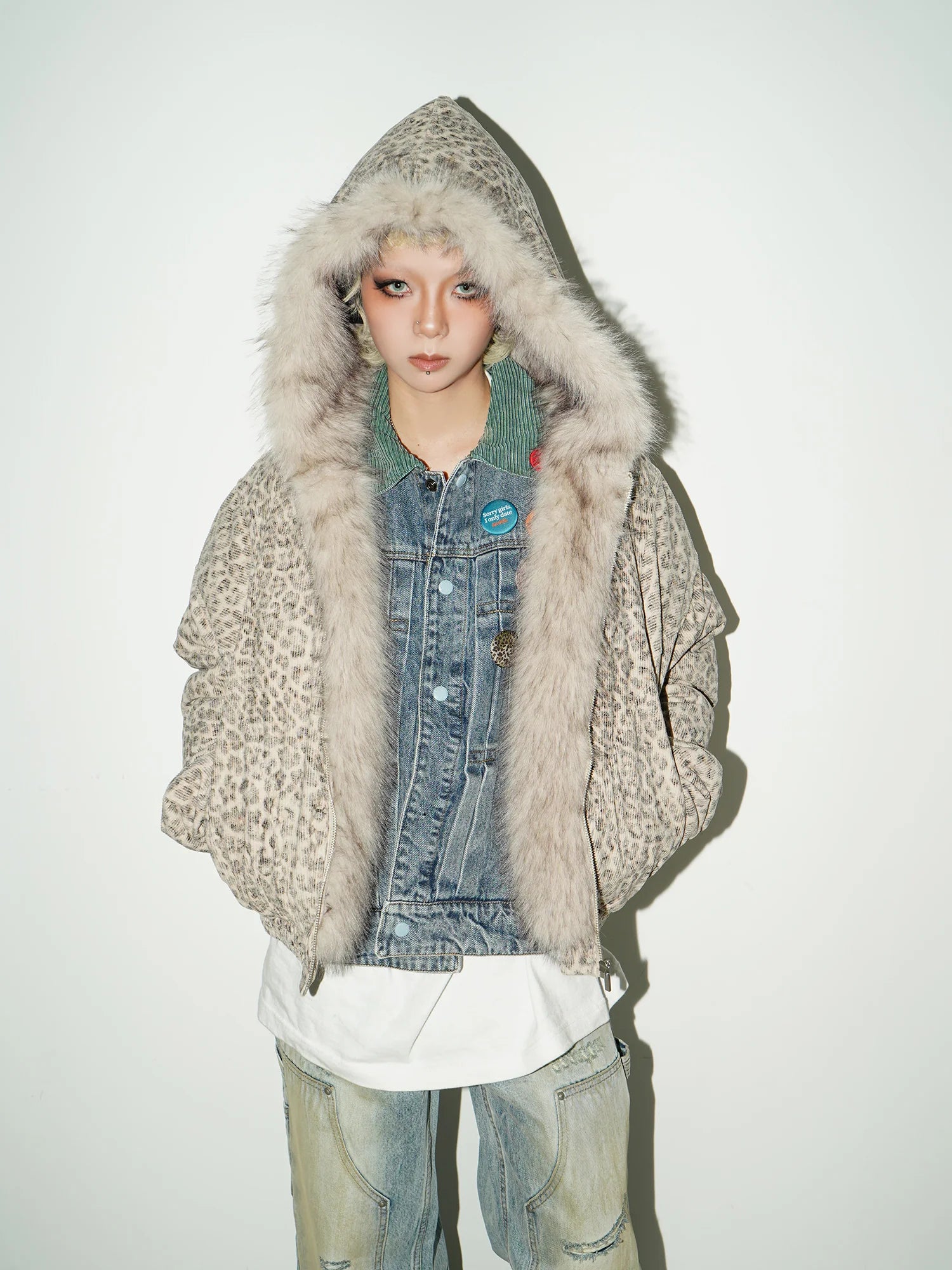 Leopard hoodie fur jacket FB7562