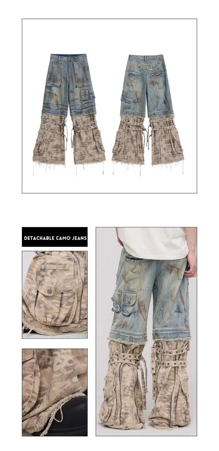 Paneled camo baggy jeans