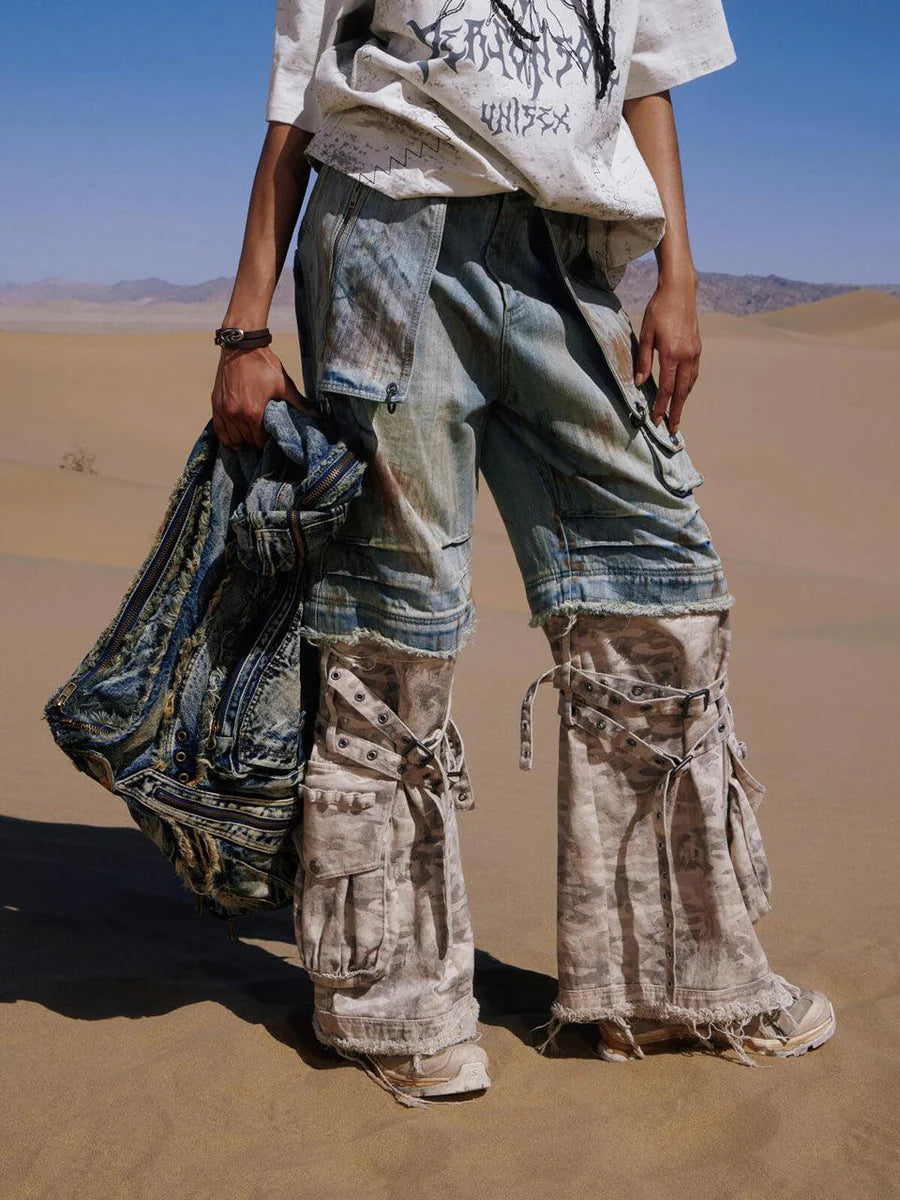 Paneled camo baggy jeans