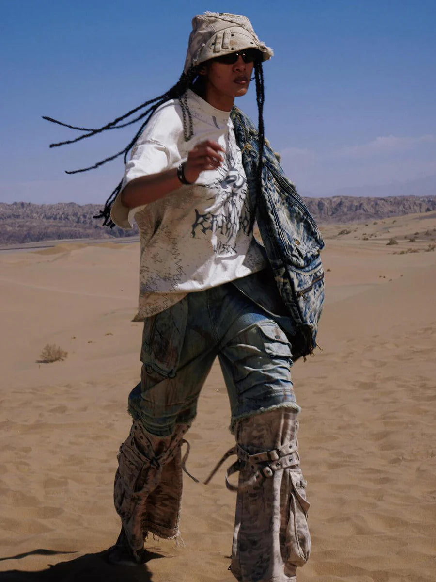 Paneled camo baggy jeans