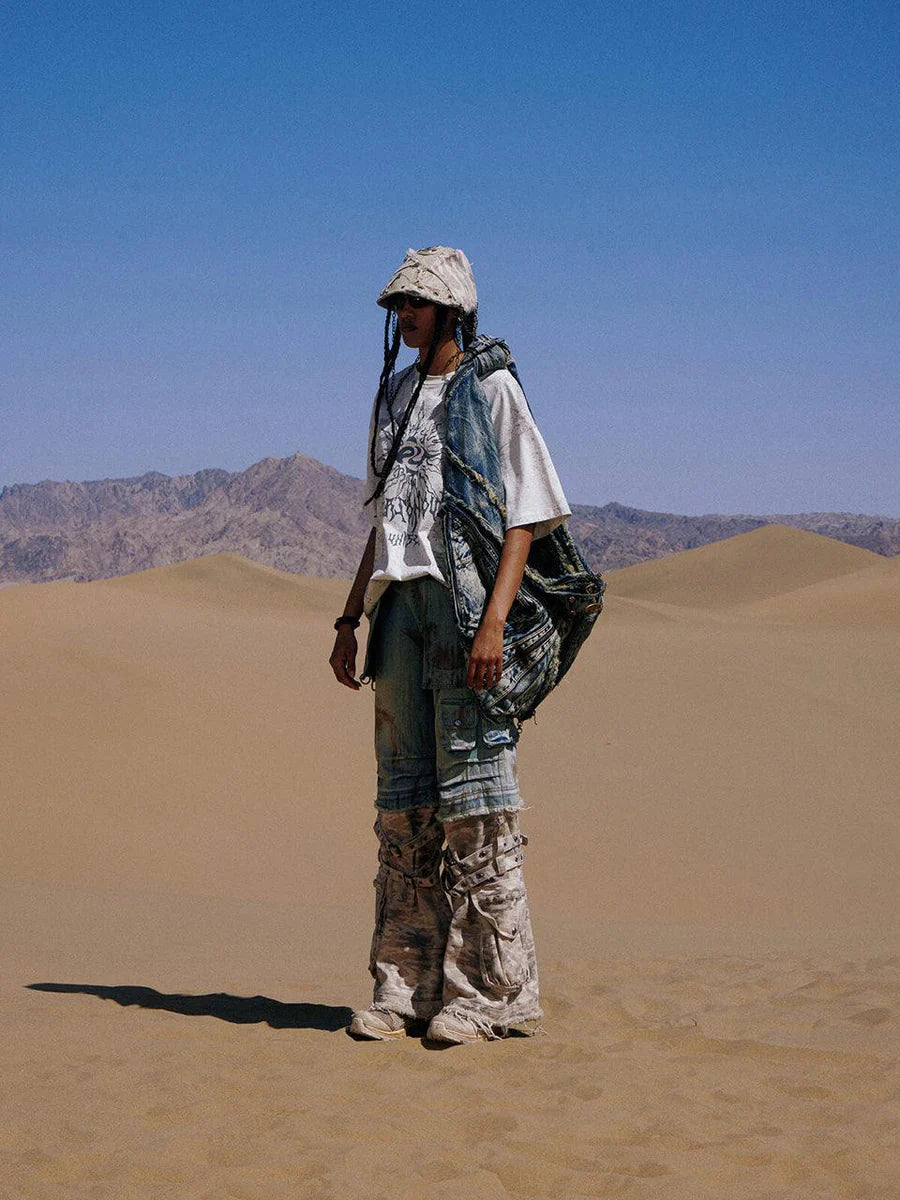 Paneled camo baggy jeans