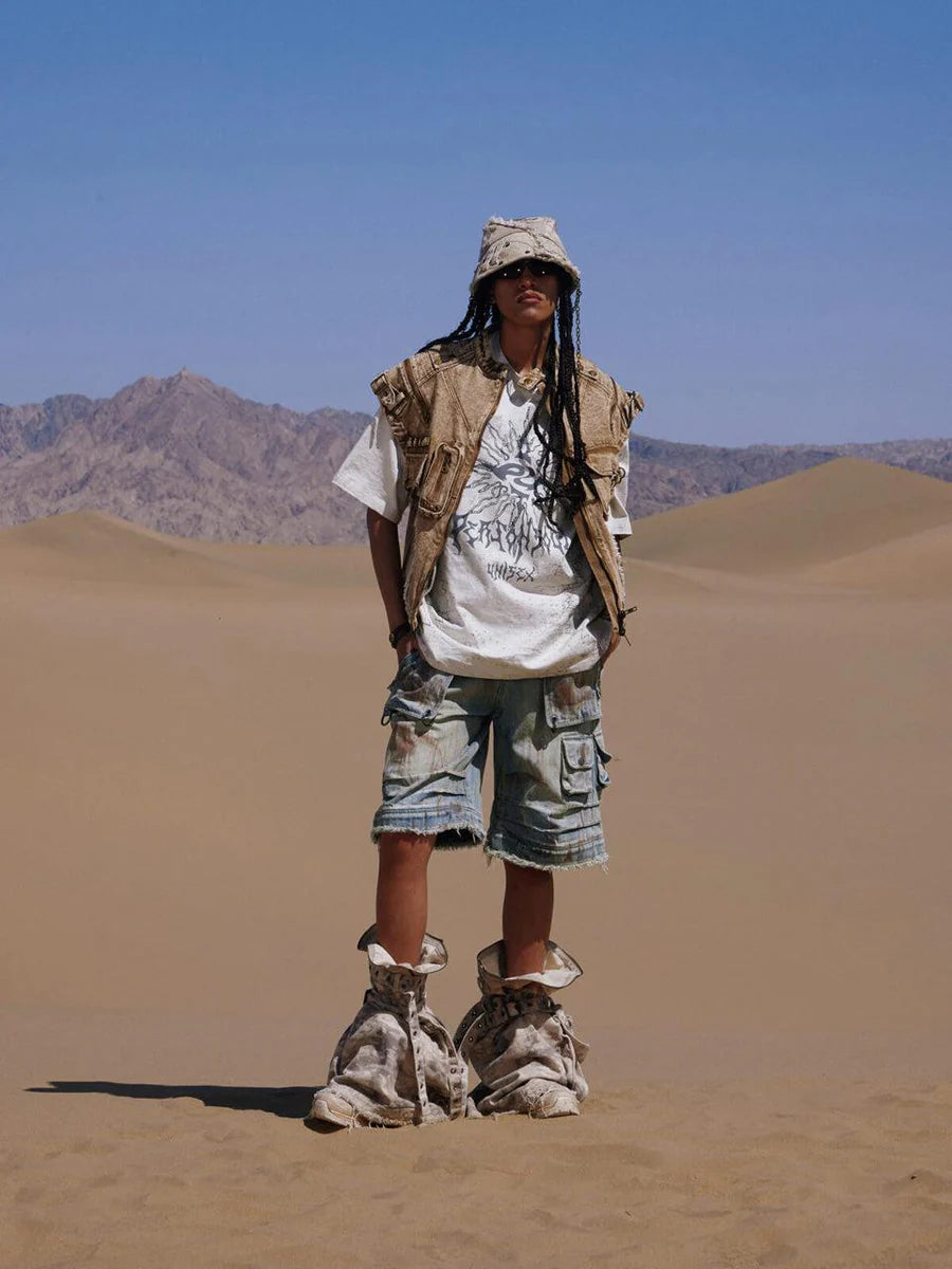 Paneled camo baggy jeans