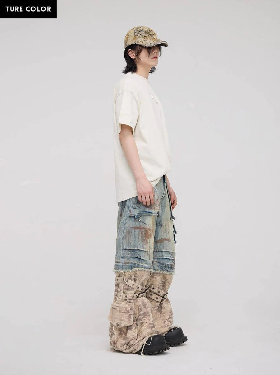 Paneled camo baggy jeans