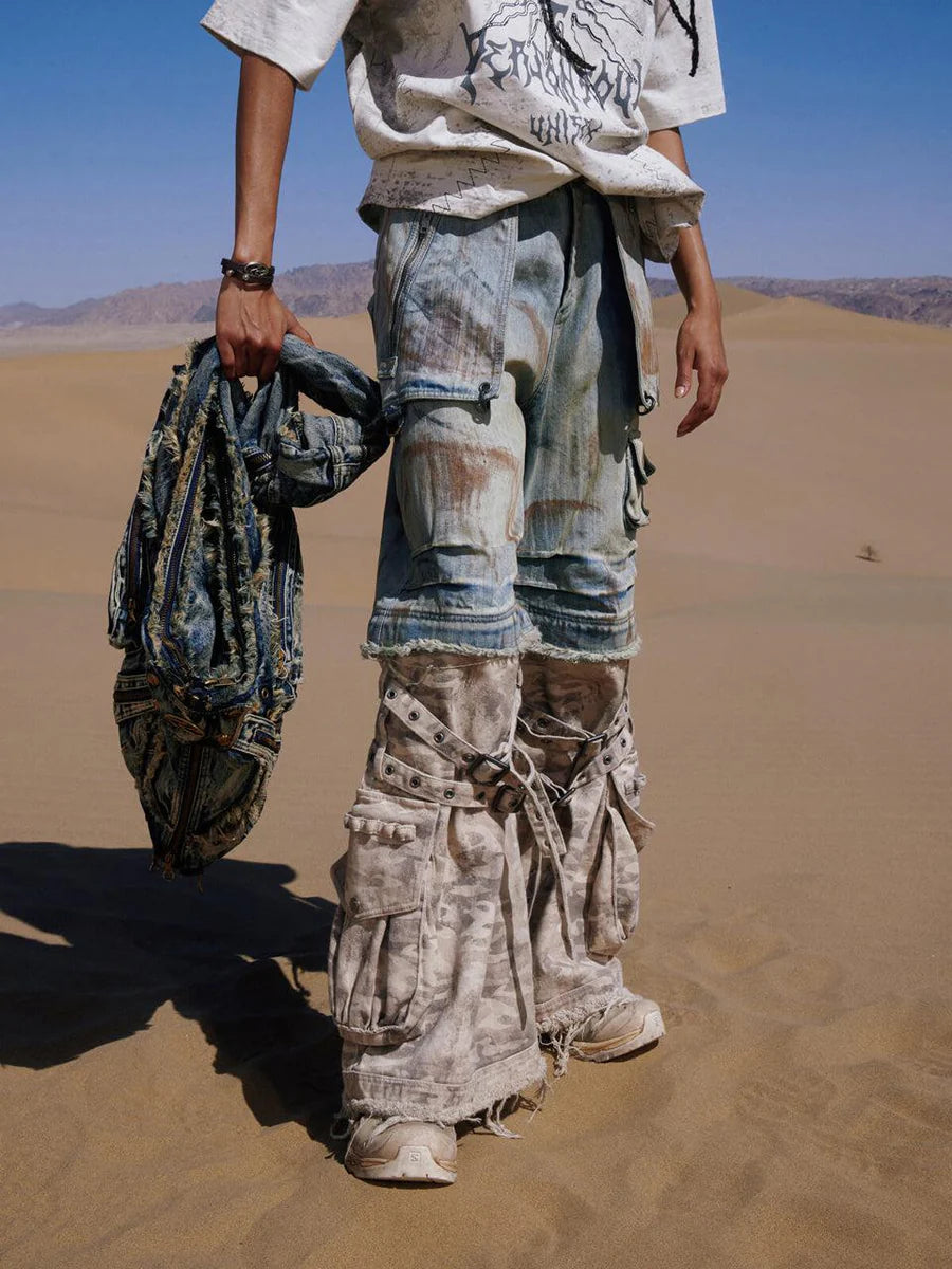 Paneled camo baggy jeans