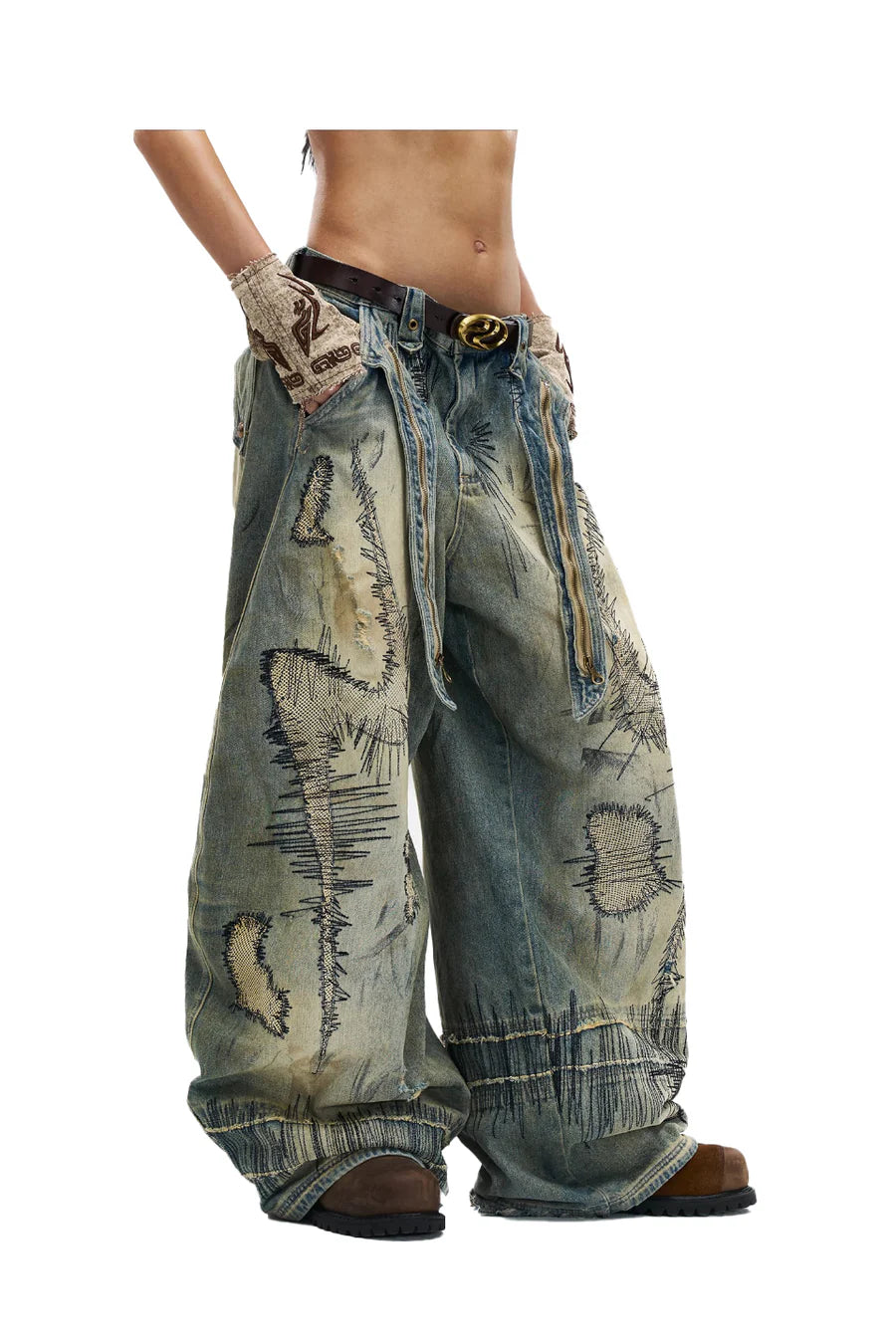 Random embroidery wide leg jeans