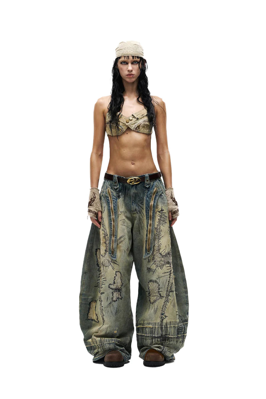 Random embroidery wide leg jeans