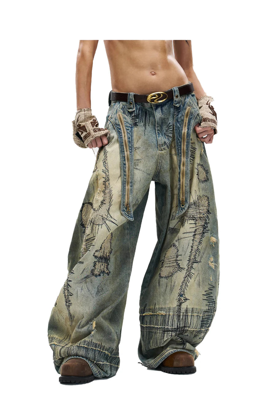Random embroidery wide leg jeans