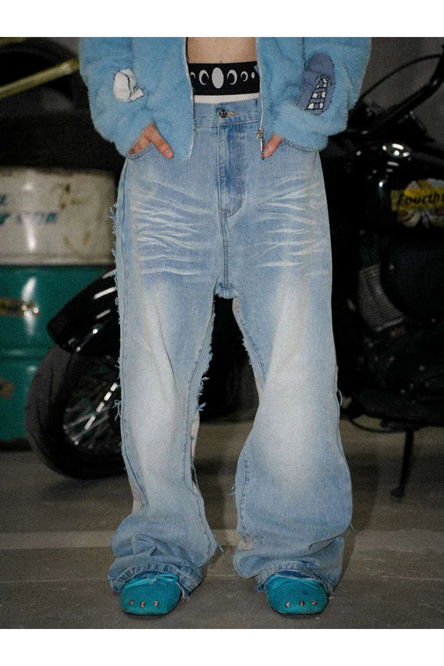 Washed Cat Whisker Denim Patchwork Sweatpants