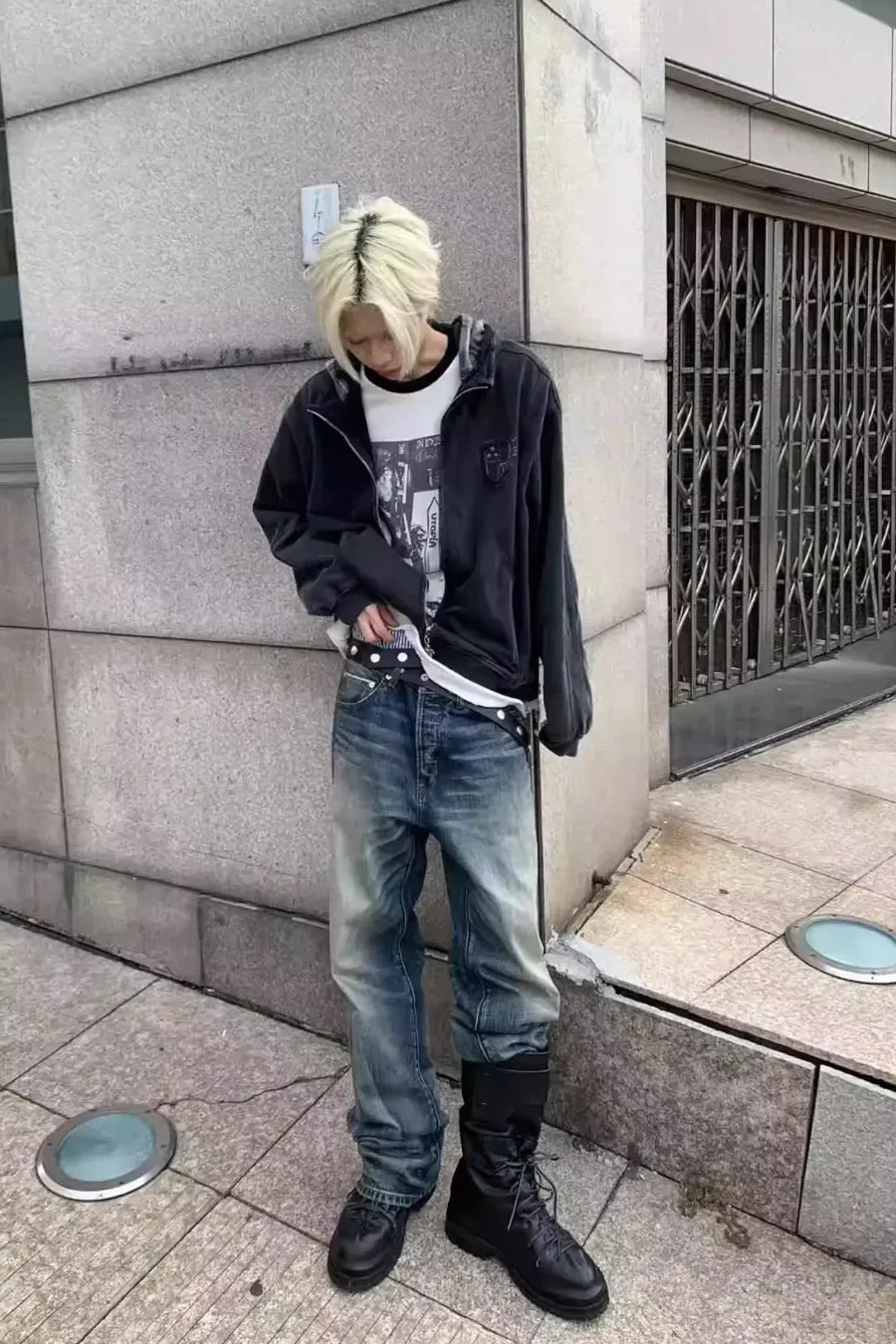 Washed Faux Two Plaid Pattern Piece Hooded Jacket FB9865