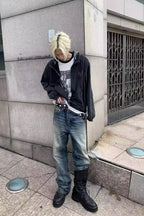 Washed Faux Two Plaid Pattern Piece Hooded Jacket FB9865