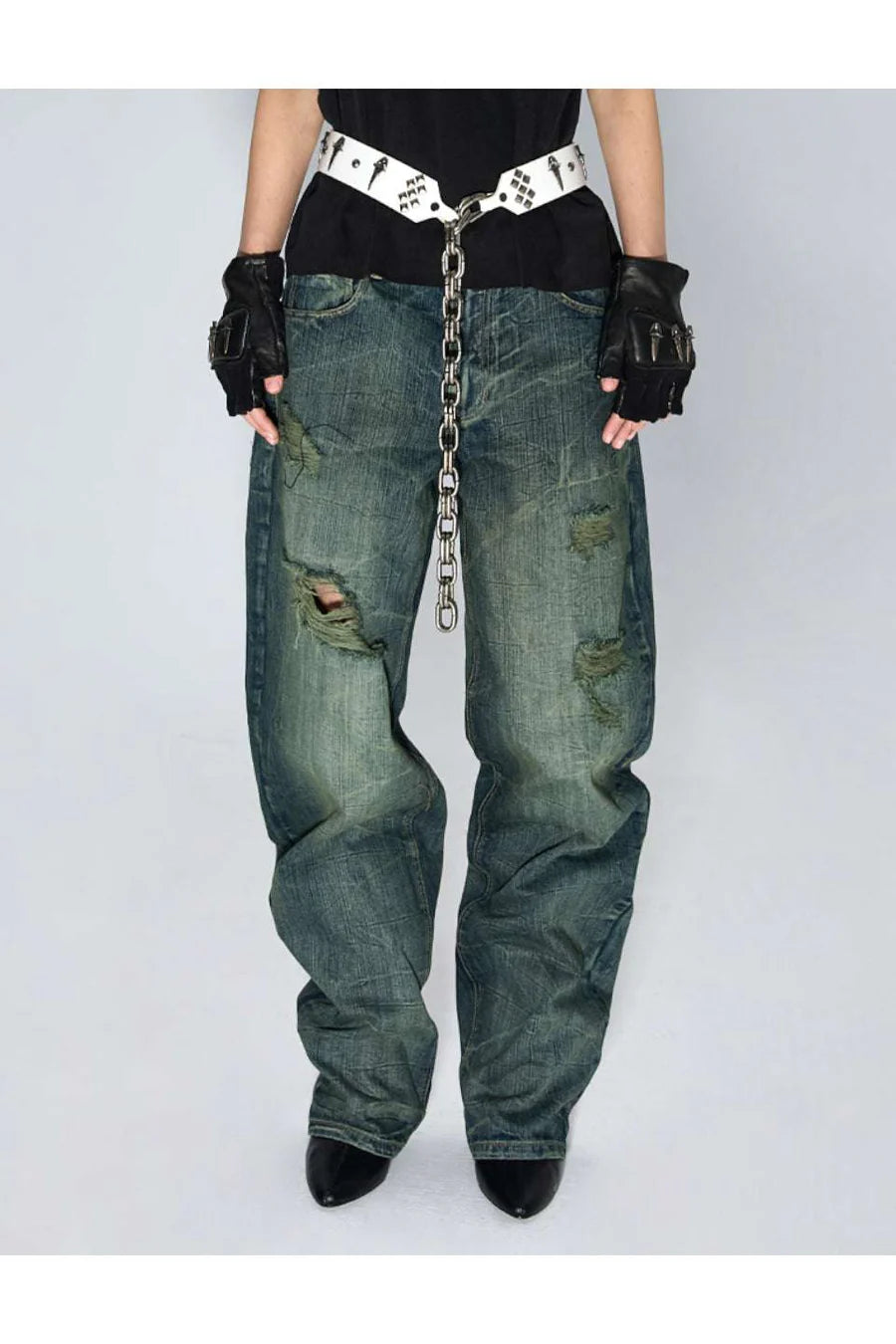 Wave Pattern Curved Blade Denim Pants