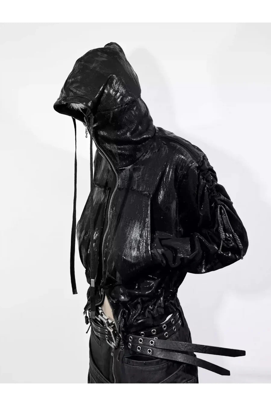 Wax Coated Hoodie Jacket with Drawstring Hem and Chain Detail