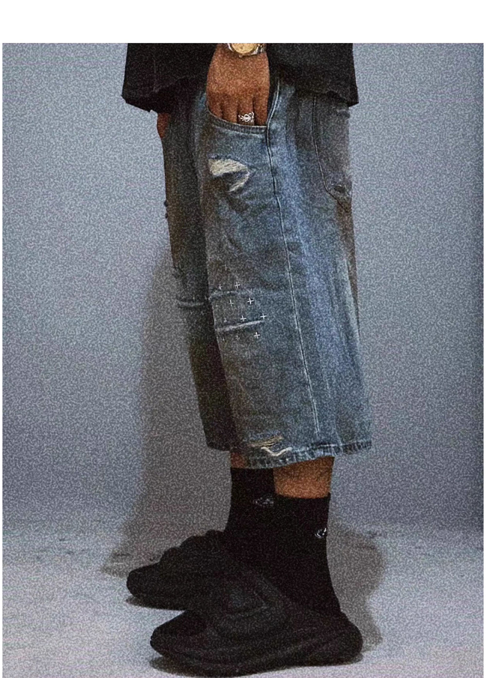 Cross-Stitch Washed Denim Shorts