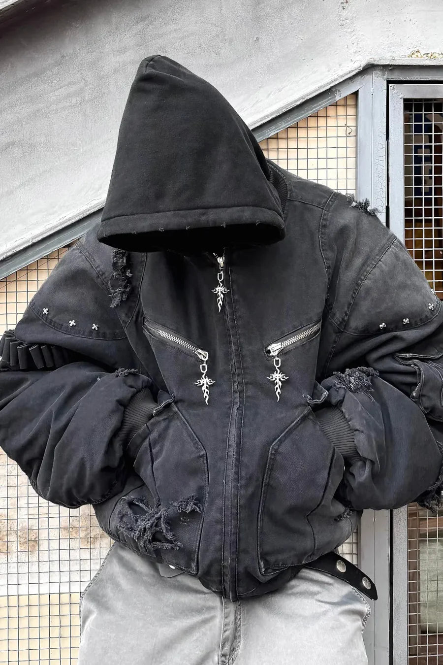 x GOJOYJINNI Washed Round Shaped Bomber Double Layered Hat Aviation Jacket