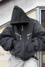 x GOJOYJINNI Washed Round Shaped Bomber Double Layered Hat Aviation Jacket