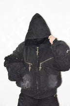 x GOJOYJINNI Washed Round Shaped Bomber Double Layered Hat Aviation Jacket