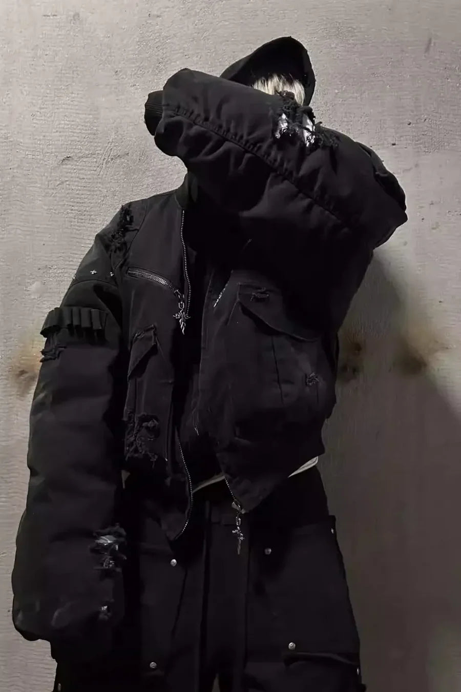 x GOJOYJINNI Washed Round Shaped Bomber Double Layered Hat Aviation Jacket