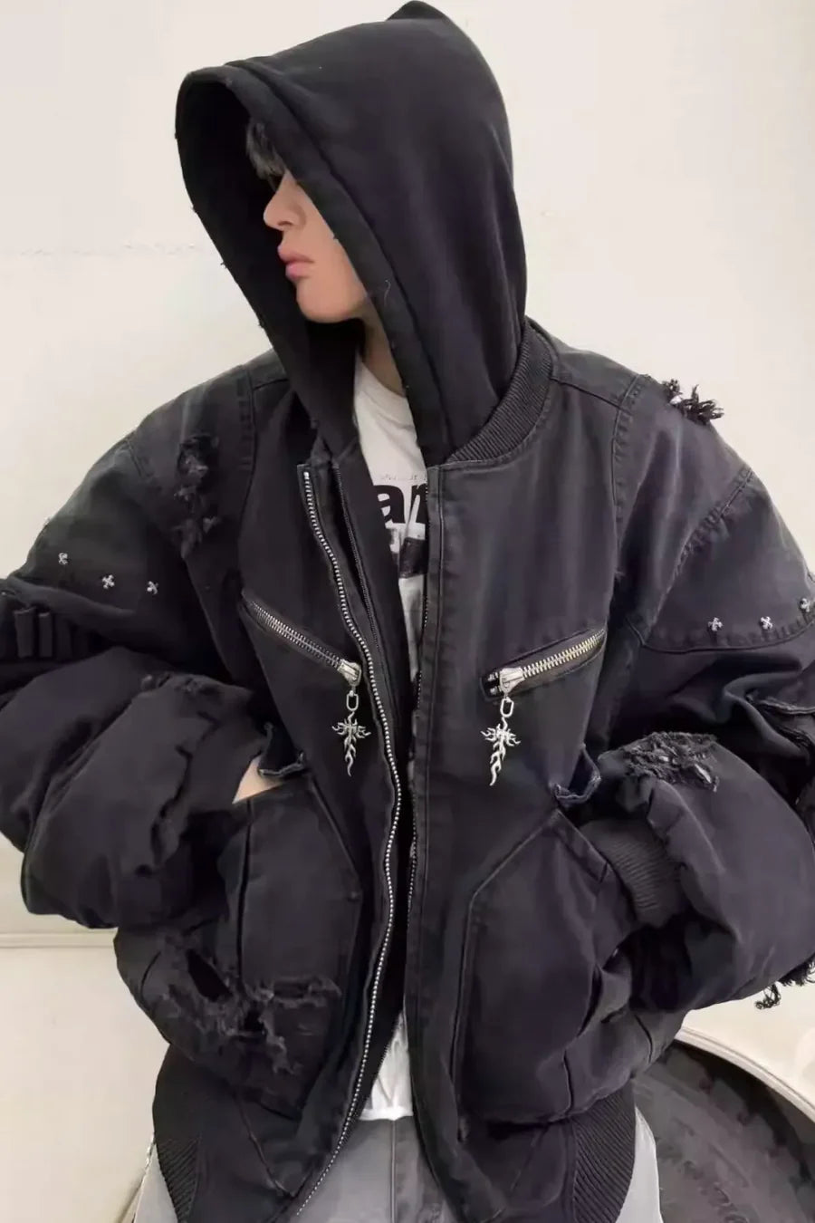 x GOJOYJINNI Washed Round Shaped Bomber Double Layered Hat Aviation Jacket