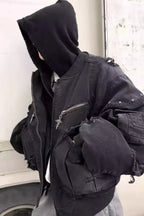 x GOJOYJINNI Washed Round Shaped Bomber Double Layered Hat Aviation Jacket